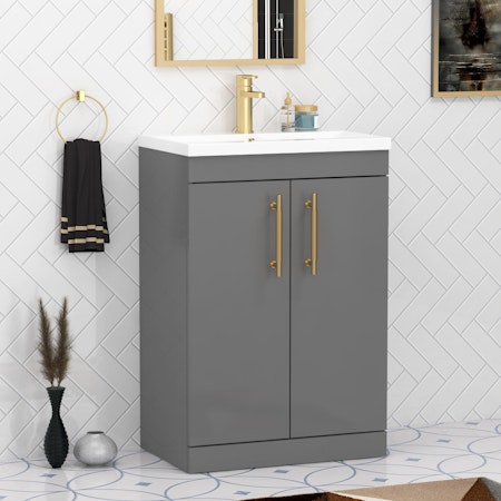 Cesar 600mm Floor Standing Vanity Sink Unit Indigo Grey Gloss 2 Door - Mid-Edge with Brushed Brass Handle
