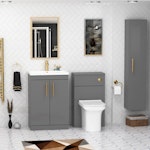 Cesar 600mm Floor Standing Vanity Sink Unit Indigo Grey Gloss 2 Door - Minimalist with Brushed Brass Handle