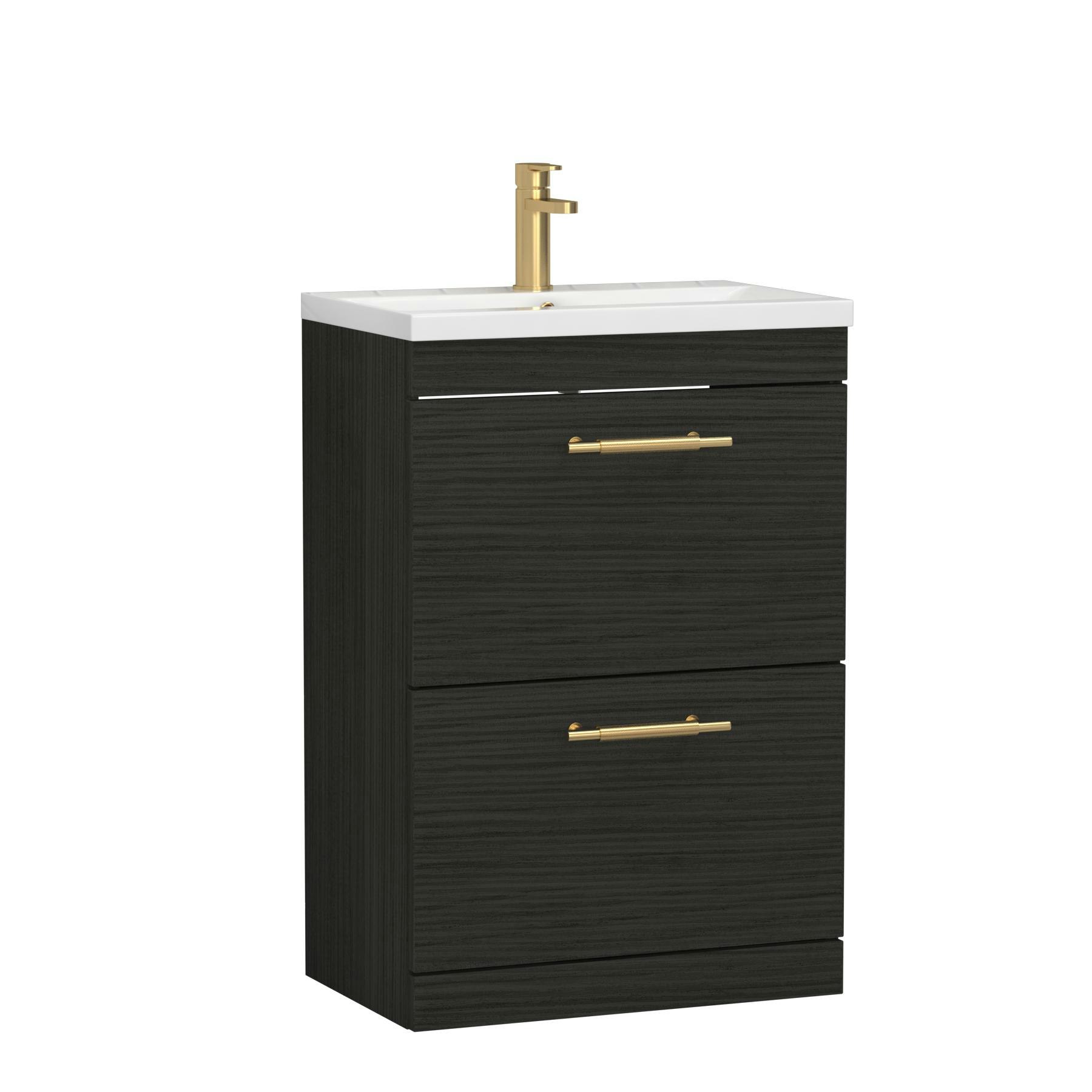Cesar 600mm Floor Standing Vanity Unit Hale Black 2 Drawer Minimalist Basin Unit with Brushed Brass Handle