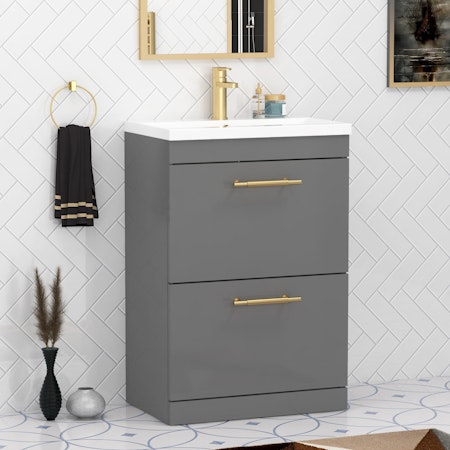 Cesar 800mm Grey Gloss Floor Standing Vanity Unit 2 Drawer with Minimalist & Brushed Brass Handle