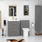 Cesar 600mm Floor Standing Vanity Unit Indigo Grey Gloss 2 Drawer Minimalist Basin Unit with Brushed Brass Handle
