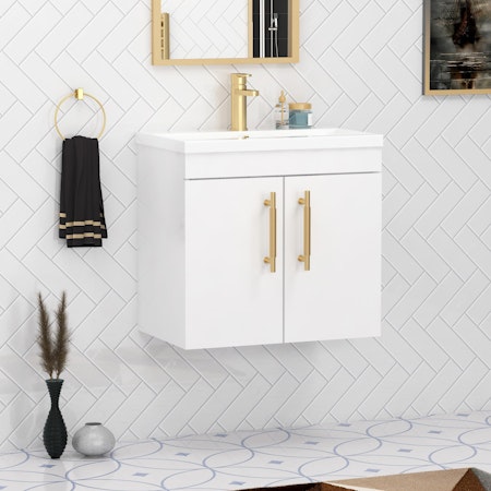 Cesar 800mm Gloss White Wall Hung Vanity Unit 2 Door with Minimalist & Brushed Brass Handle