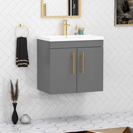 Cesar 600mm Wall Hung Vanity Sink Unit 2 Door Indigo Grey Gloss - Minimalist Basin with Brushed Brass Handle