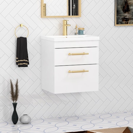 Cesar 500mm Wall Hung Vanity Unit Gloss White 2 Drawer - Minimalist Sink Unit with Brushed Brass Handle