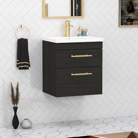 Cesar 500mm Wall Hung Vanity Unit Hale Black 2 Drawer - Minimalist Sink Unit with Brushed Brass Handle