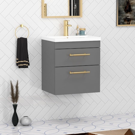 Cesar 500mm Wall Hung Vanity Unit Indigo Grey Gloss 2 Drawer - Mid-Edge Sink Unit with Golden Handle