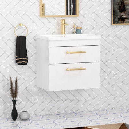 Cesar 800mm Gloss White Wall Hung Vanity Unit 2 Drawer with Minimalist & Brushed Brass Handle