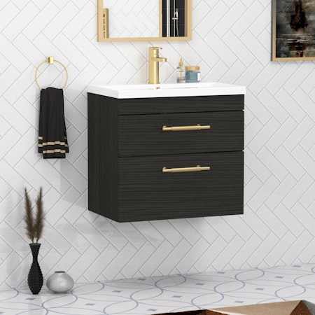 Cesar 600mm Wall Hung Vanity Unit Hale Black 2 Drawer - Minimalist Sink Unit with Brushed Brass Handle