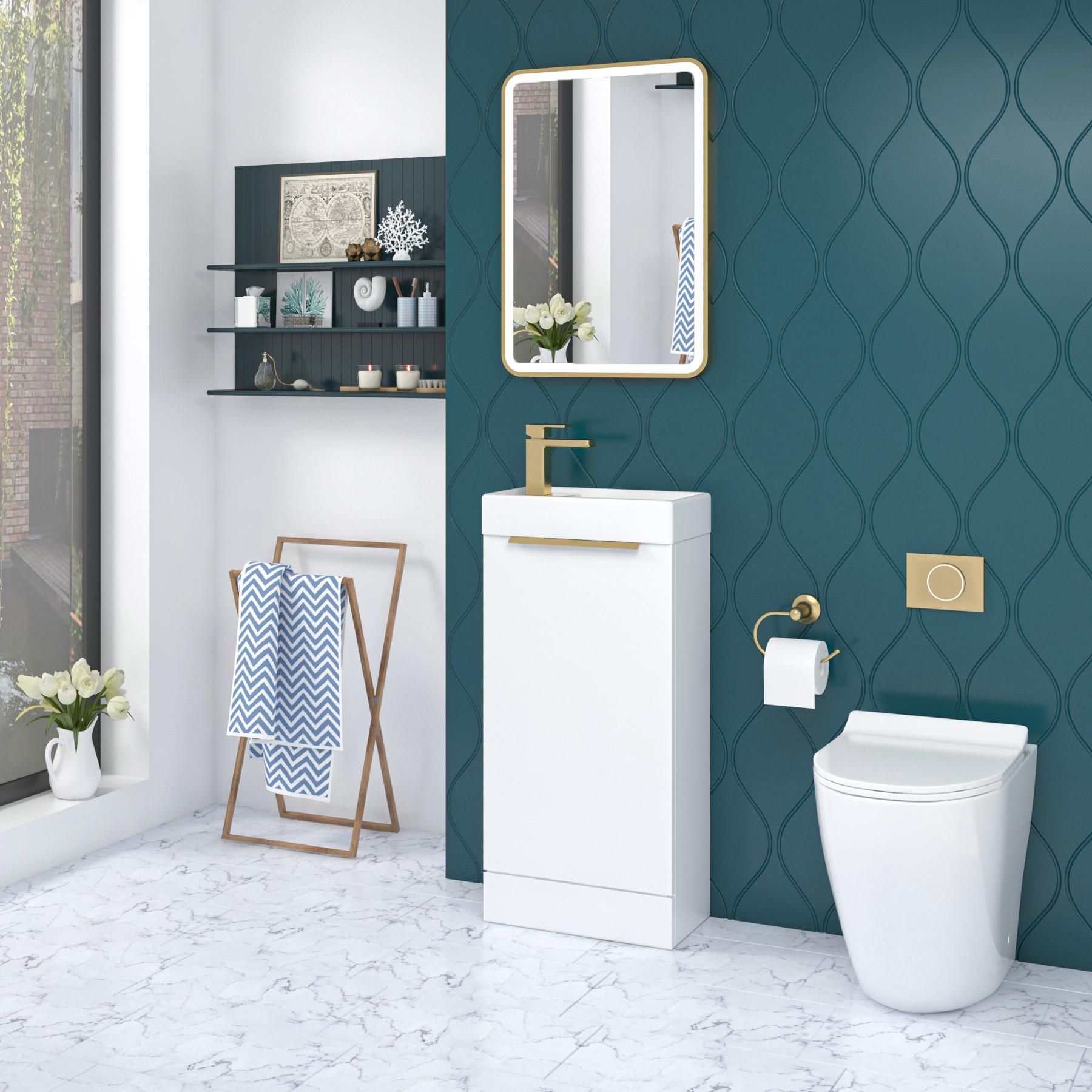 Como 400mm Gloss White Floor Standing Vanity Unit with 1 Door Brushed Brass Handle
