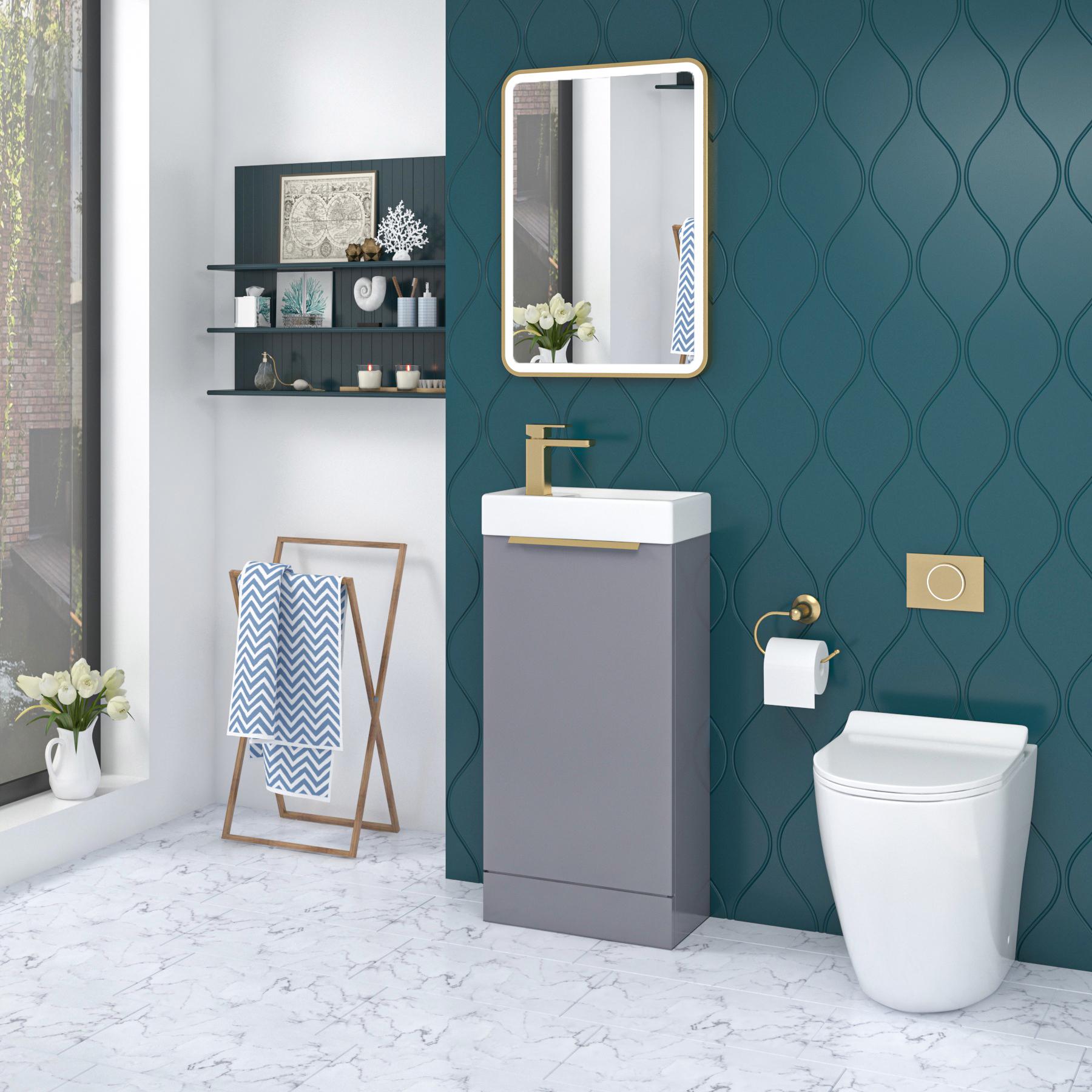 Como 400mm Indigo Grey Gloss Floor Standing Vanity Unit with 1 Door Brushed Brass Handle