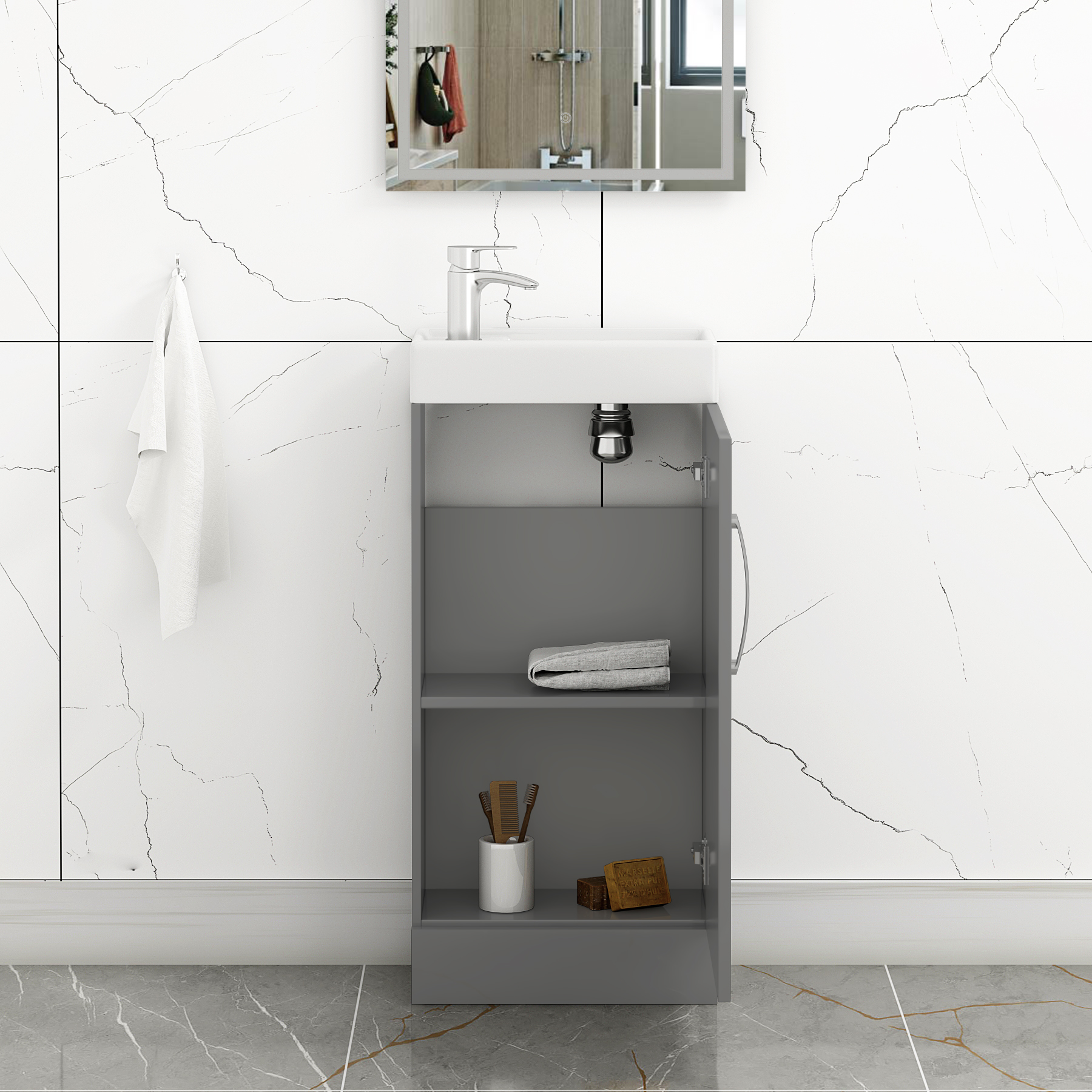 Como 400mm Floor Standing Vanity Unit Indigo Grey Gloss - 1 Door Basin Unit