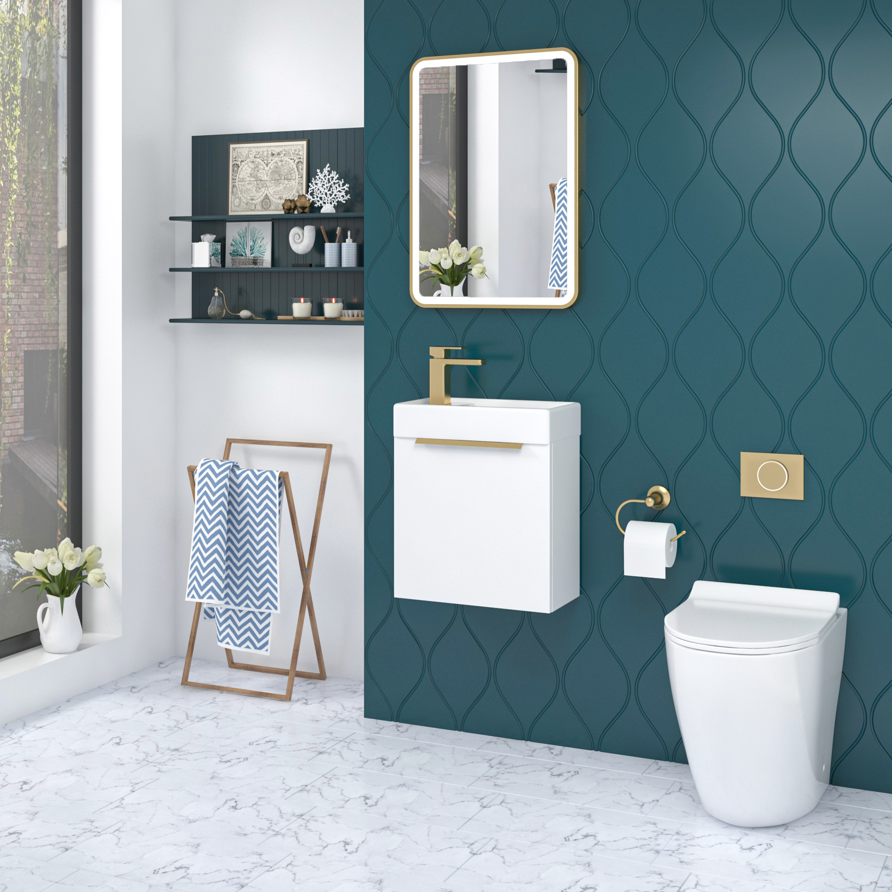 Como 400mm Gloss White Wall Hung Vanity Unit with 1 Door Brushed Brass Handle