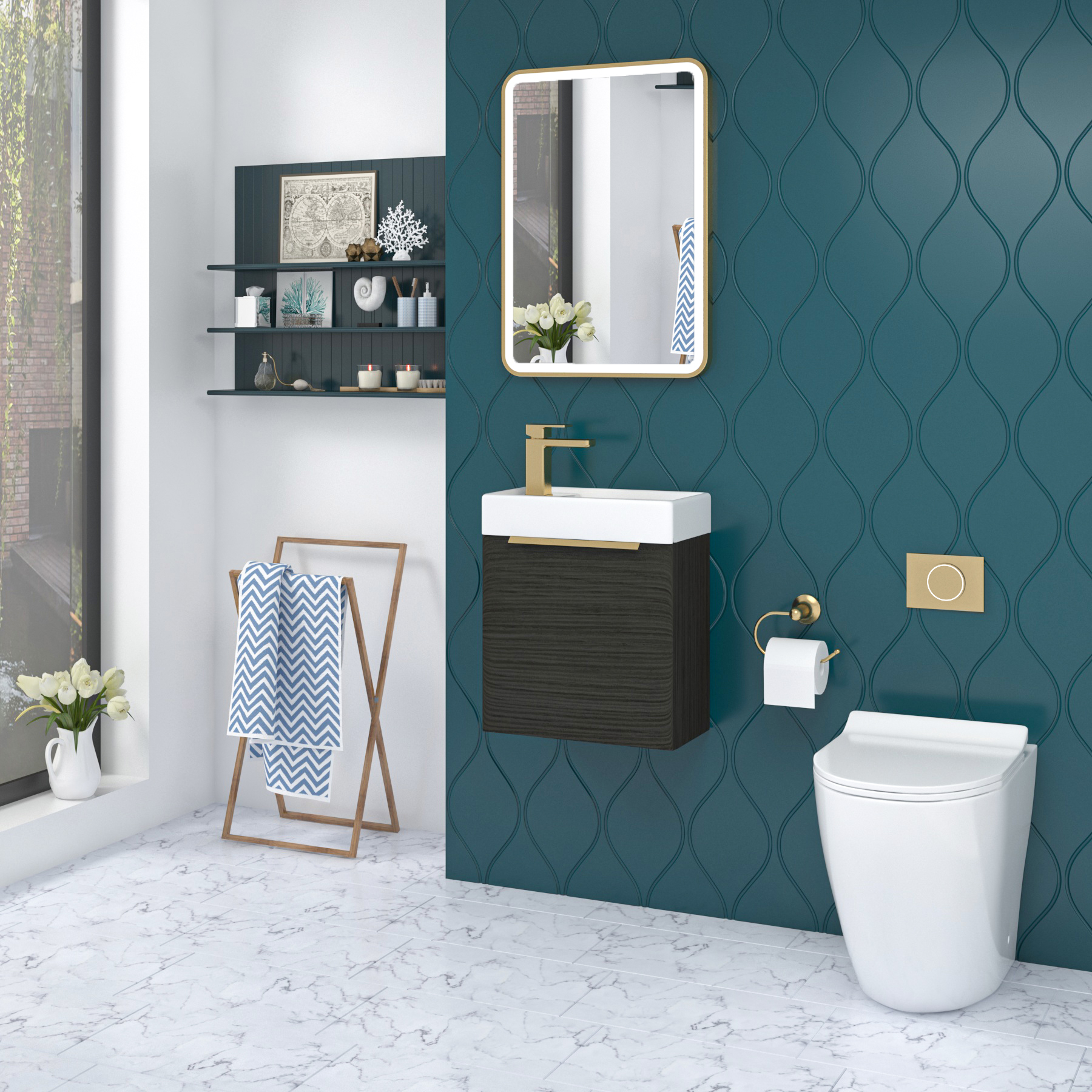 Como 400mm Hale Black Wall Hung Vanity Unit with 1 Door Brushed Brass Handle