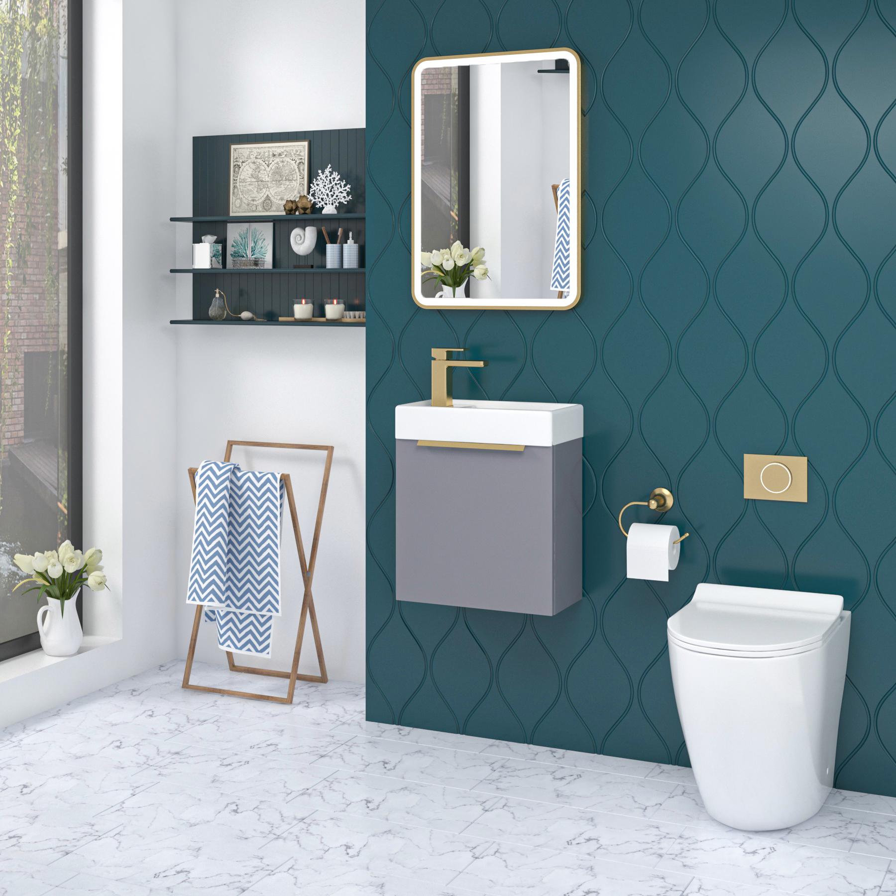 Como 400mm Indigo Grey Gloss Wall Hung Vanity Unit with 1 Door Brushed Brass Handle