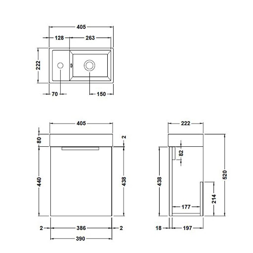 Como 400mm Gloss White Wall Hung Vanity Unit with 1 Door Brushed Brass Handle