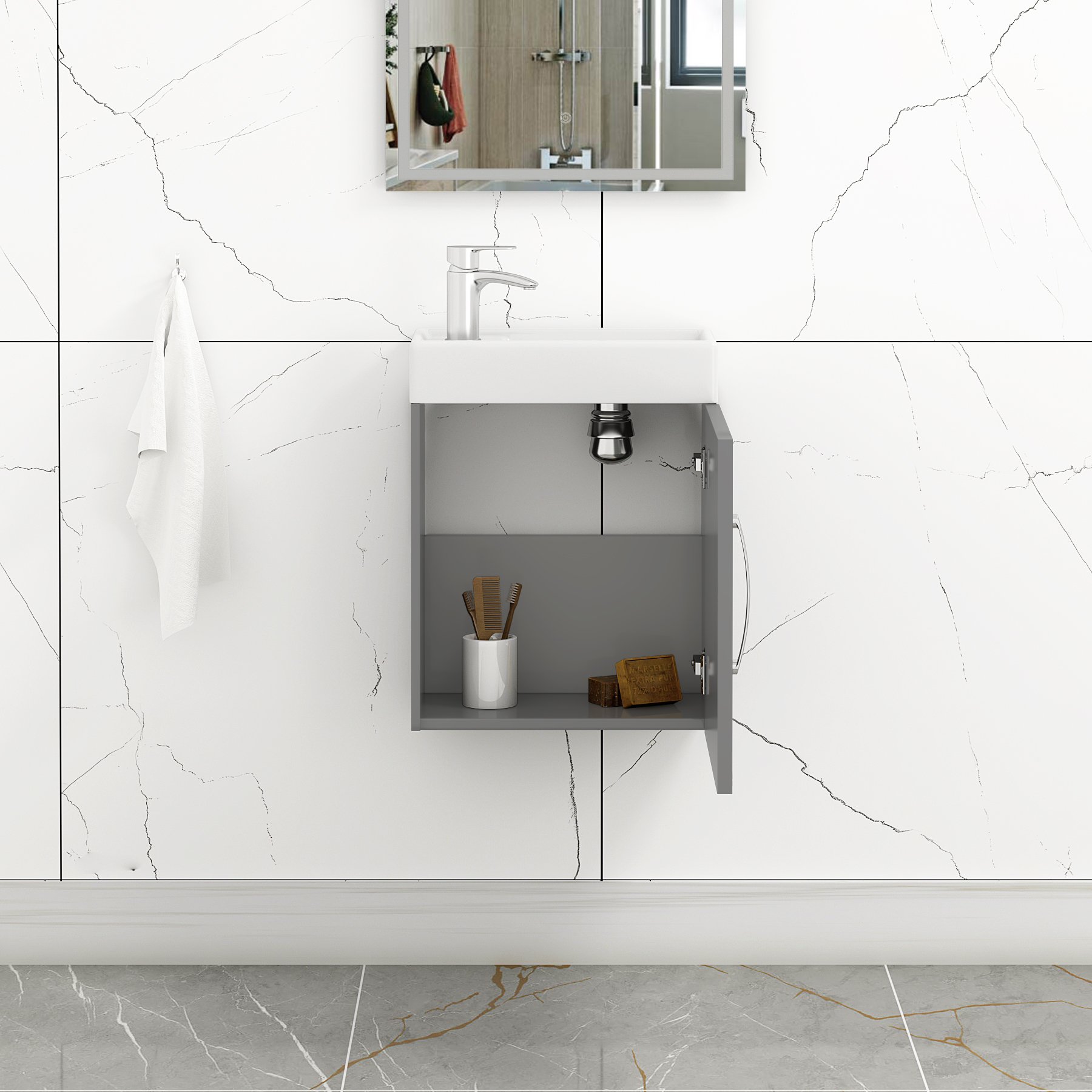 Como 400mm Wall Hung Vanity Sink Unit Indigo Grey Gloss - 1 Door Cloakroom