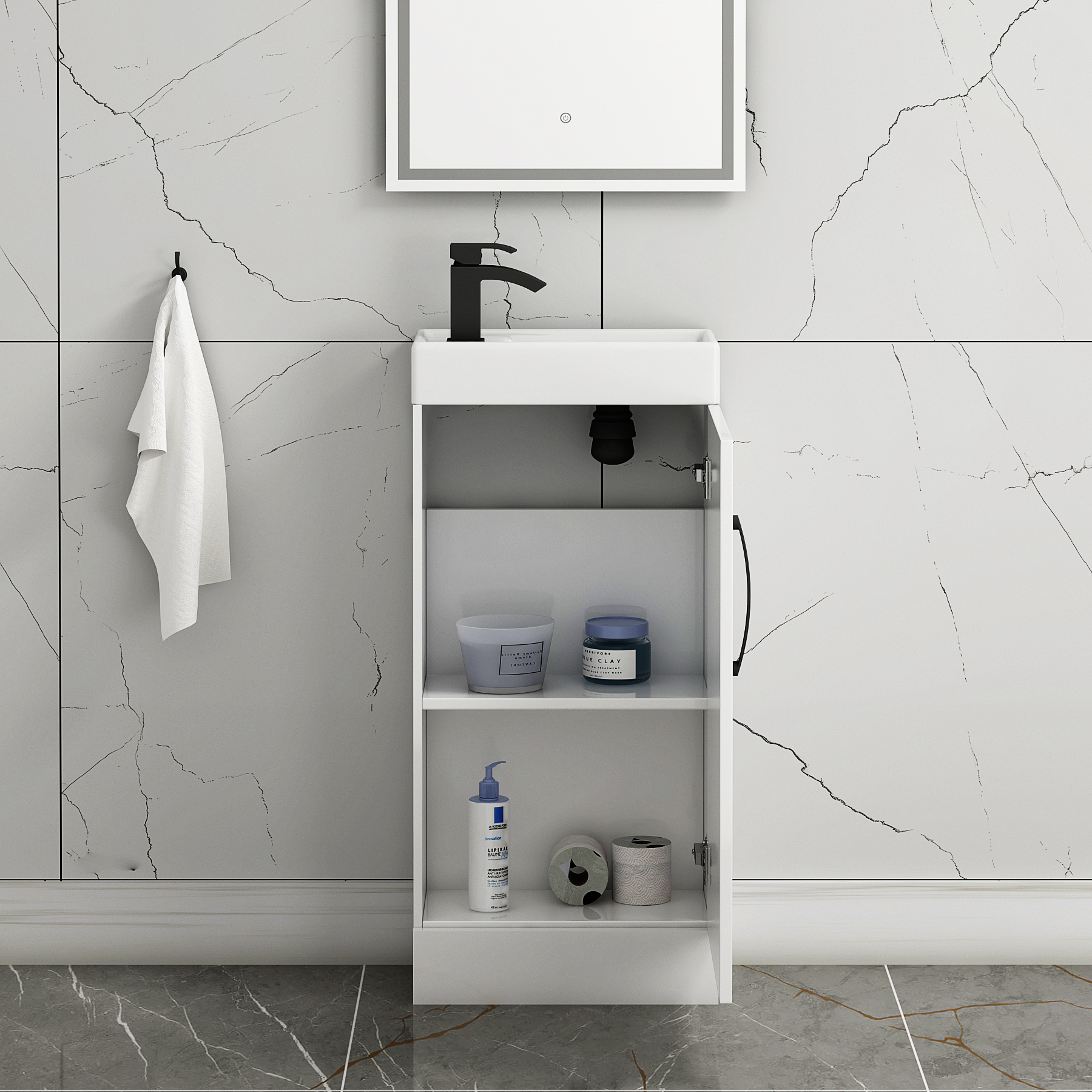 Como 400mm Floor Standing Vanity Unit Gloss White - 1 Door Basin Unit with Matt Black Handle