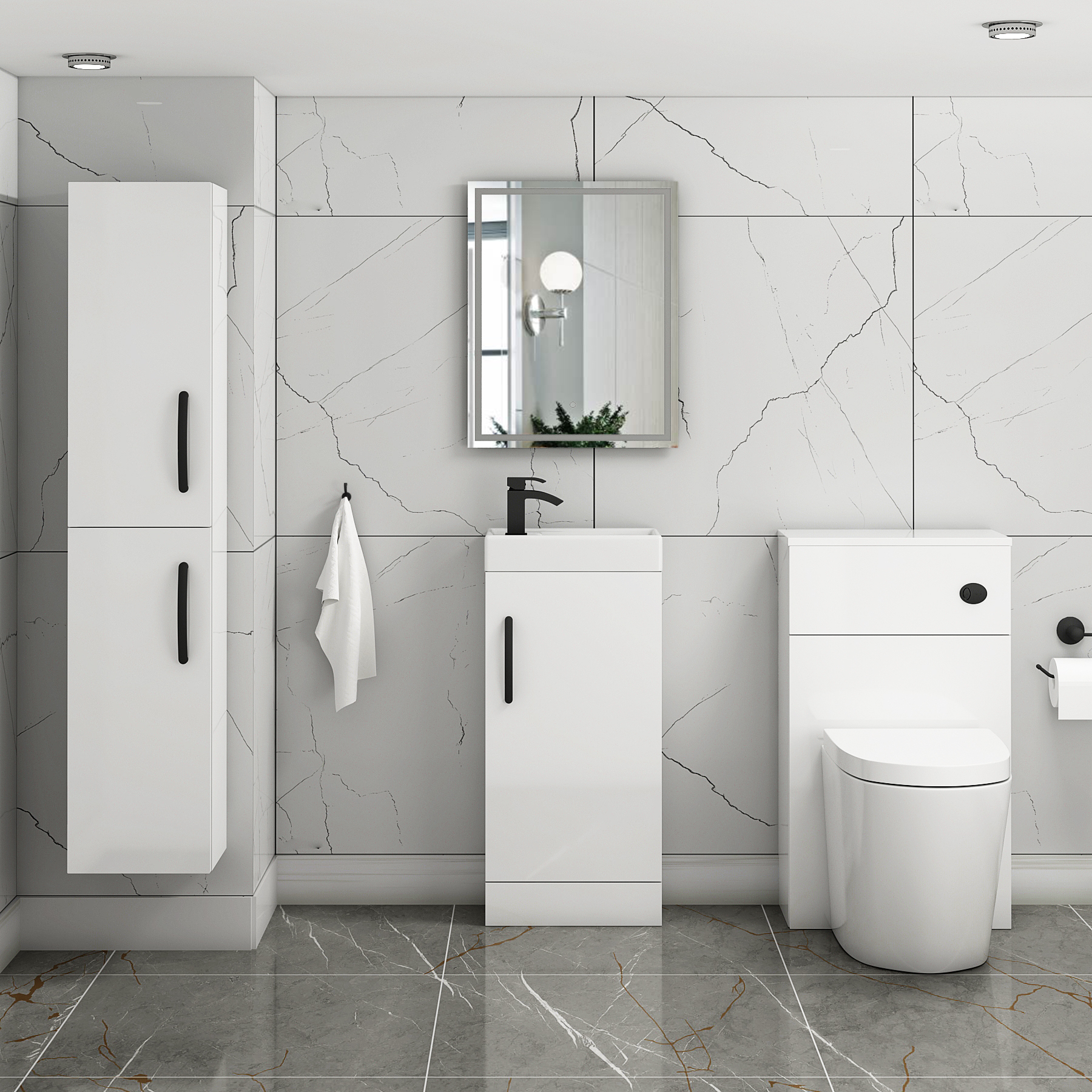 Como 400mm Floor Standing Vanity Unit Gloss White - 1 Door Basin Unit with Matt Black Handle