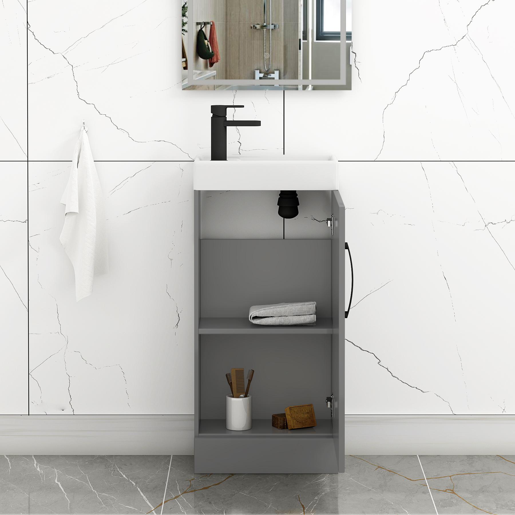 Como 400mm Floor Standing Vanity Unit Indigo Grey Gloss - 1 Door Basin Unit with Matt Black Handle