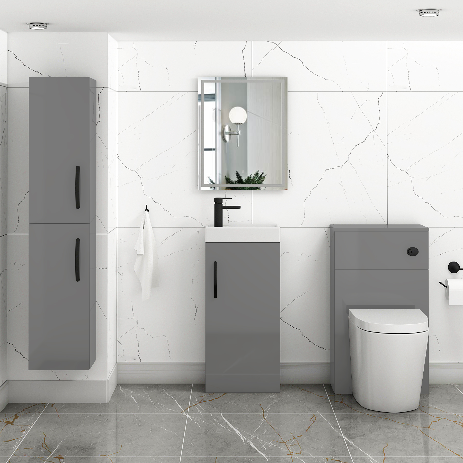 Como 400mm Floor Standing Vanity Unit Indigo Grey Gloss - 1 Door Basin Unit with Matt Black Handle