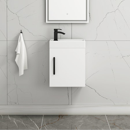 Como 400mm Cloakroom Vanity Basin Sink Unit Wall Hung Gloss White - 1 Door with Matt Black Handle