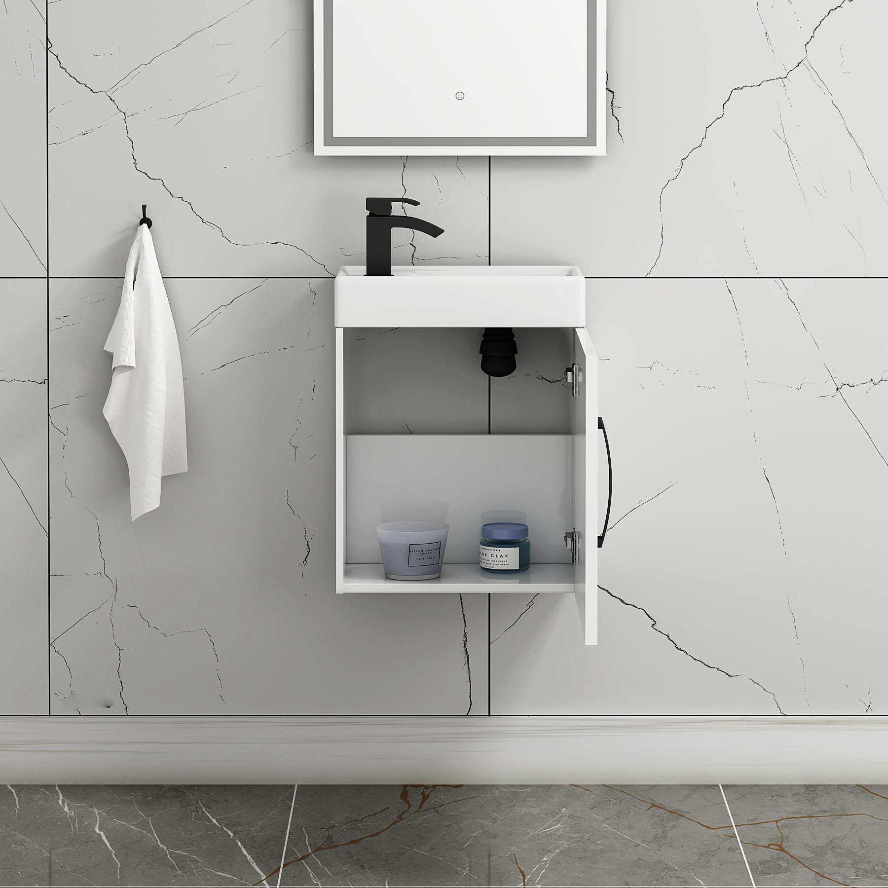 Como 400mm Cloakroom Vanity Basin Sink Unit Wall Hung Gloss White - 1 Door with Matt Black Handle