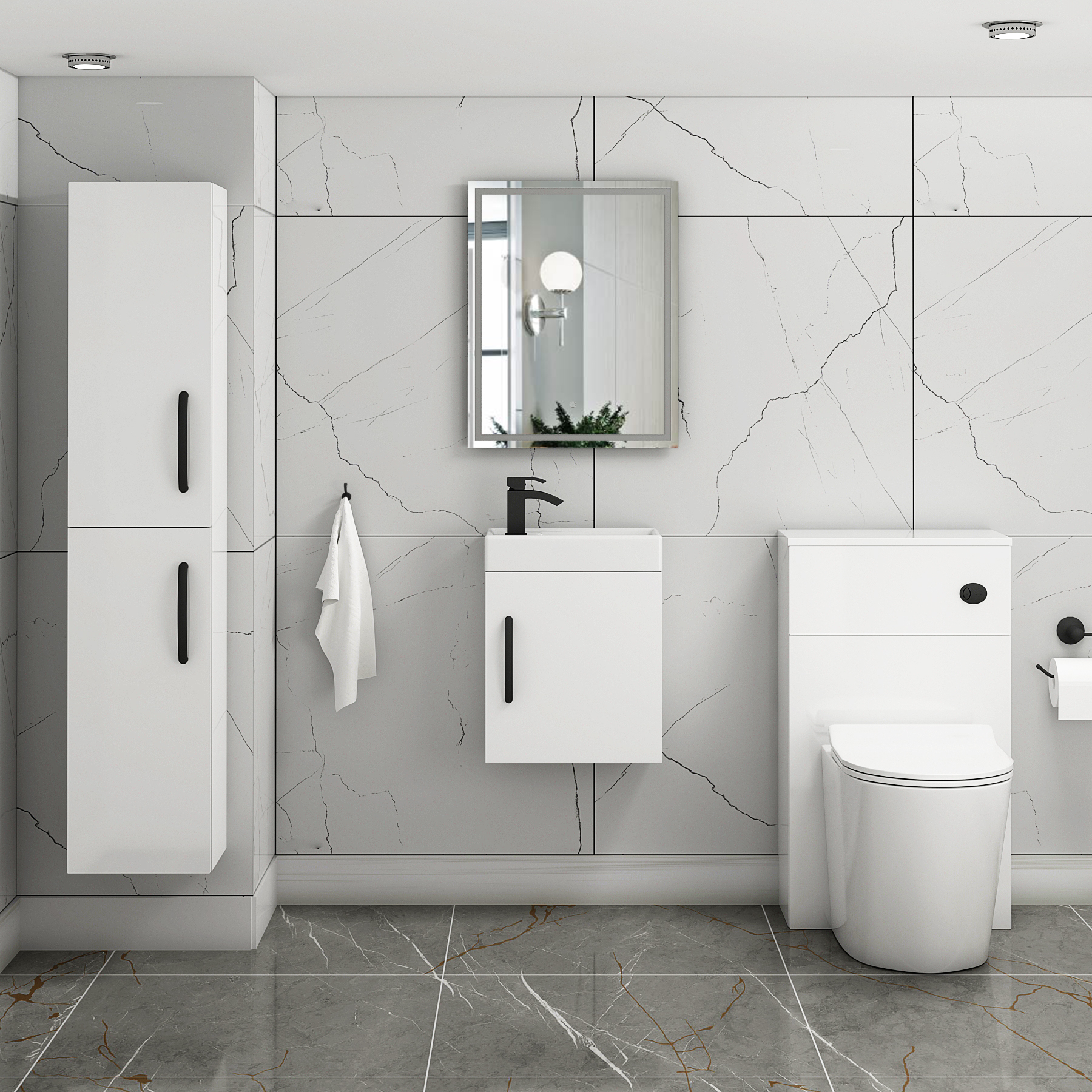 Como 400mm Cloakroom Vanity Basin Sink Unit Wall Hung Gloss White - 1 Door with Matt Black Handle