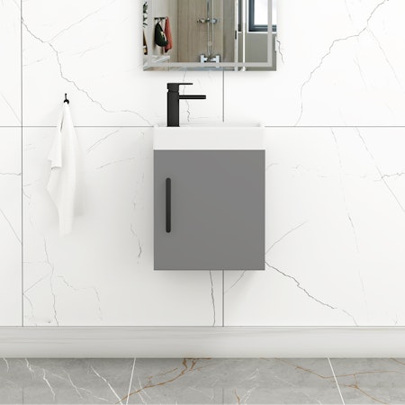 Como 400mm Wall Hung Vanity Sink Unit Indigo Grey Gloss - 1 Door Cloakroom with Matt Black Handle