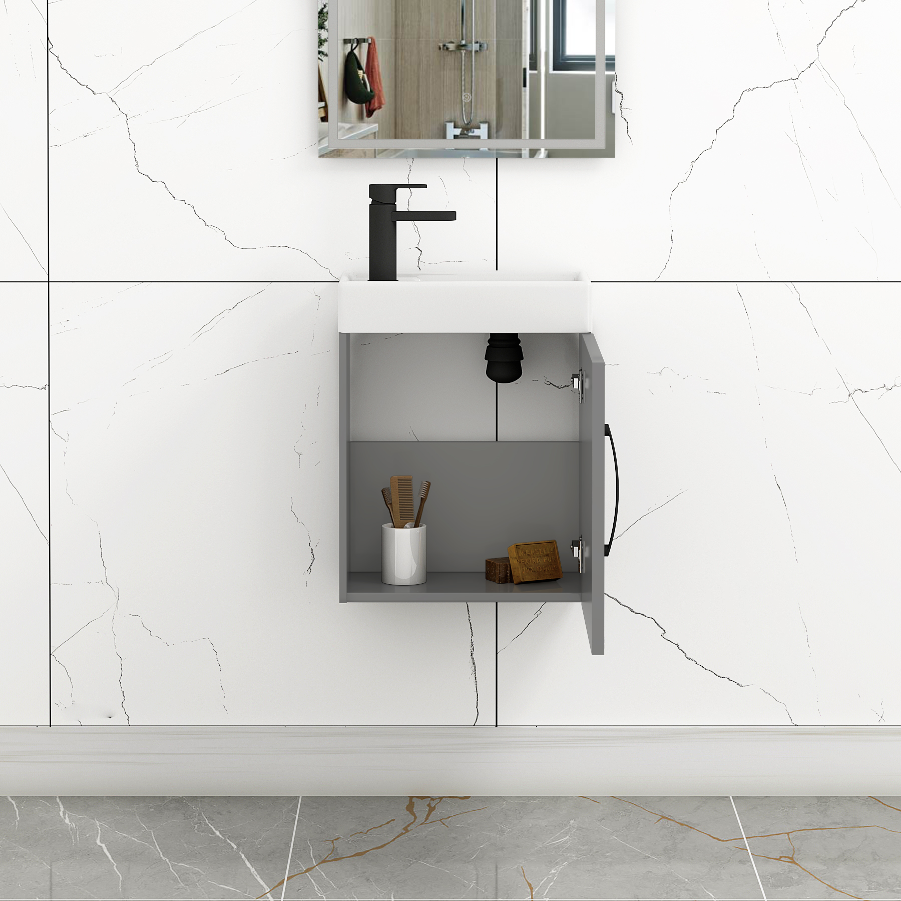 Como 400mm Wall Hung Vanity Sink Unit Indigo Grey Gloss - 1 Door Cloakroom with Matt Black Handle