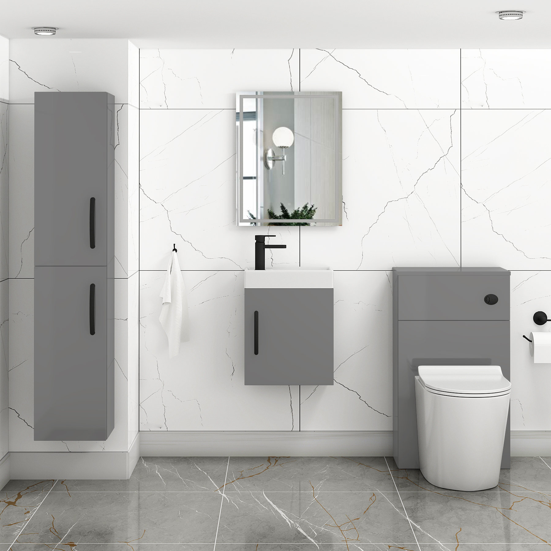 Como 400mm Wall Hung Vanity Sink Unit Indigo Grey Gloss - 1 Door Cloakroom with Matt Black Handle