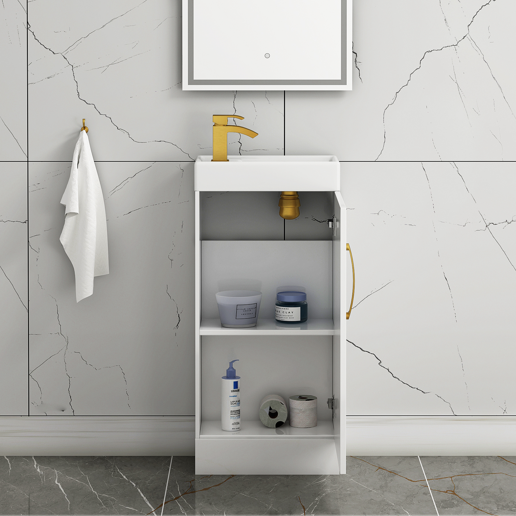 Como 400mm Floor Standing Vanity Unit Gloss White - 1 Door Basin Unit with Brushed Brass Handle