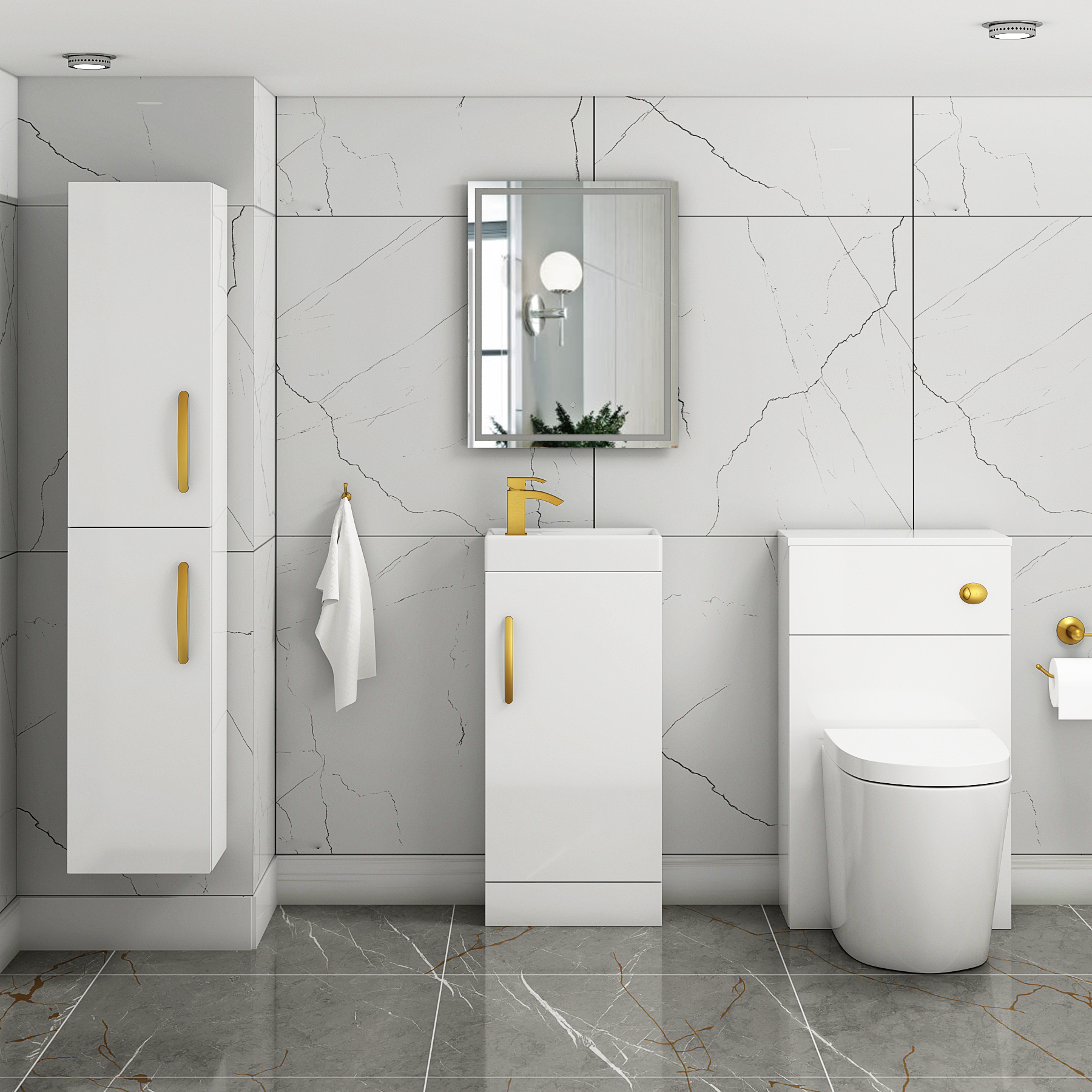 Como 400mm Floor Standing Vanity Unit Gloss White - 1 Door Basin Unit with Brushed Brass Handle