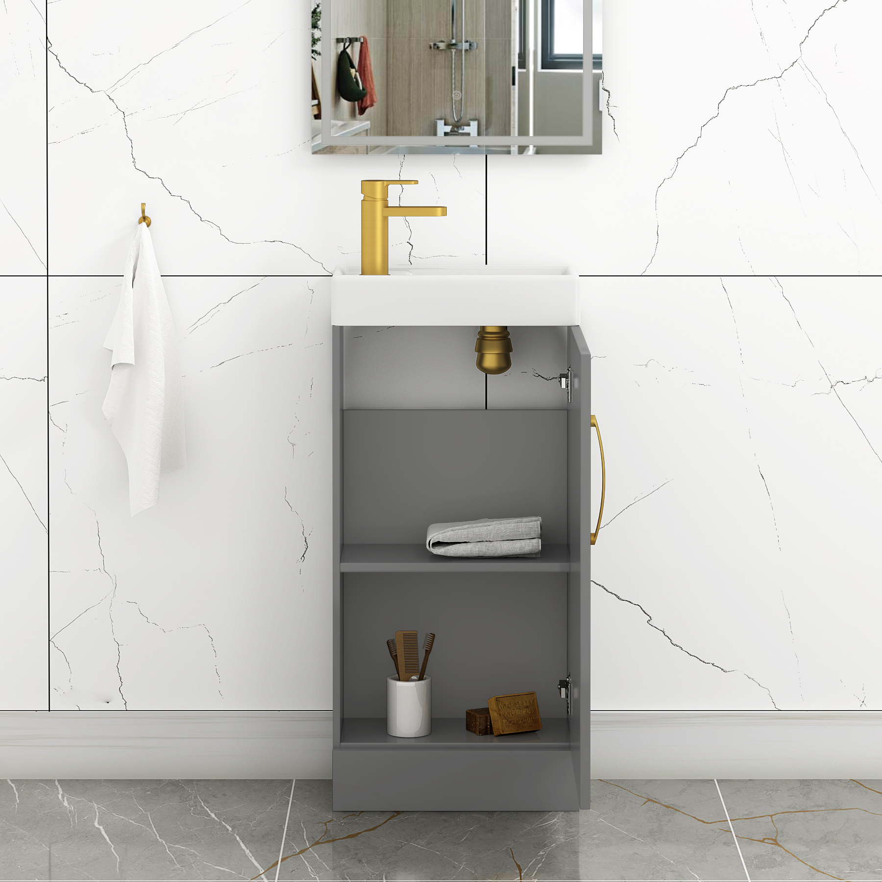 Como 400mm Floor Standing Vanity Unit Indigo Grey Gloss - 1 Door Basin Unit with Brushed Brass Handle