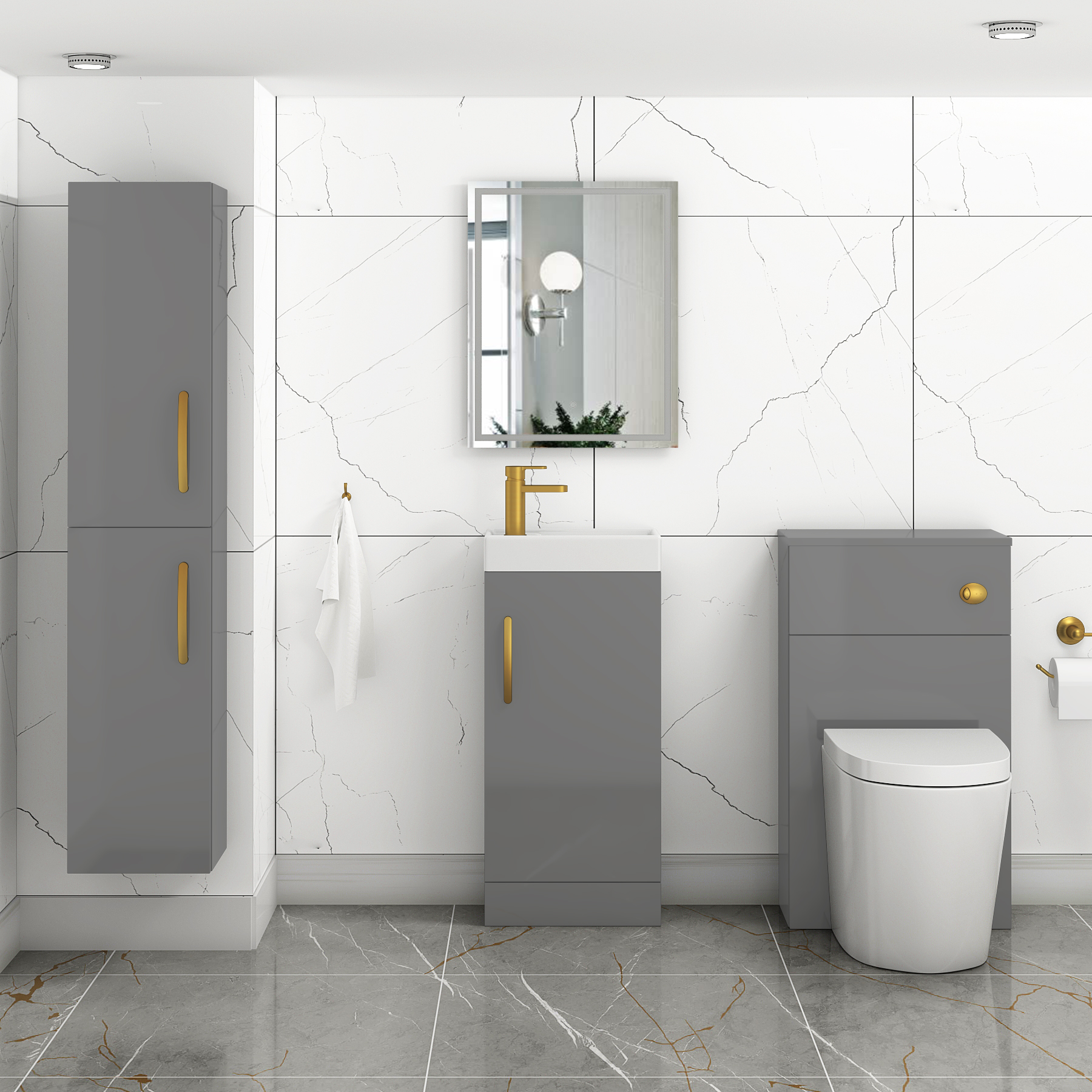 Como 400mm Floor Standing Vanity Unit Indigo Grey Gloss - 1 Door Basin Unit with Brushed Brass Handle