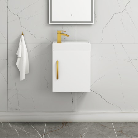 Como 400mm Cloakroom Vanity Basin Sink Unit Wall Hung Gloss White - 1 Door with Brushed Brass Handle