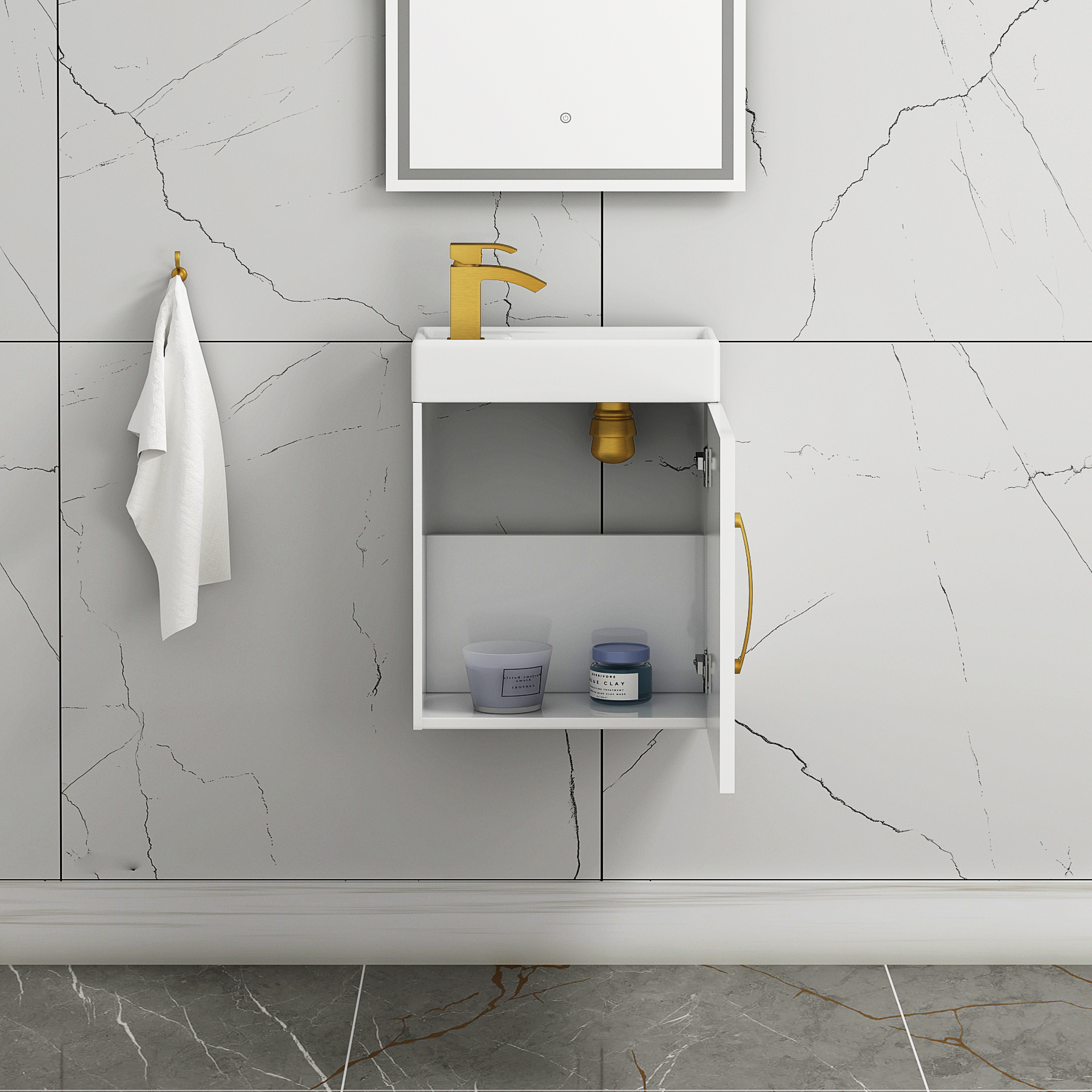 Como 400mm Cloakroom Vanity Basin Sink Unit Wall Hung Gloss White - 1 Door with Brushed Brass Handle