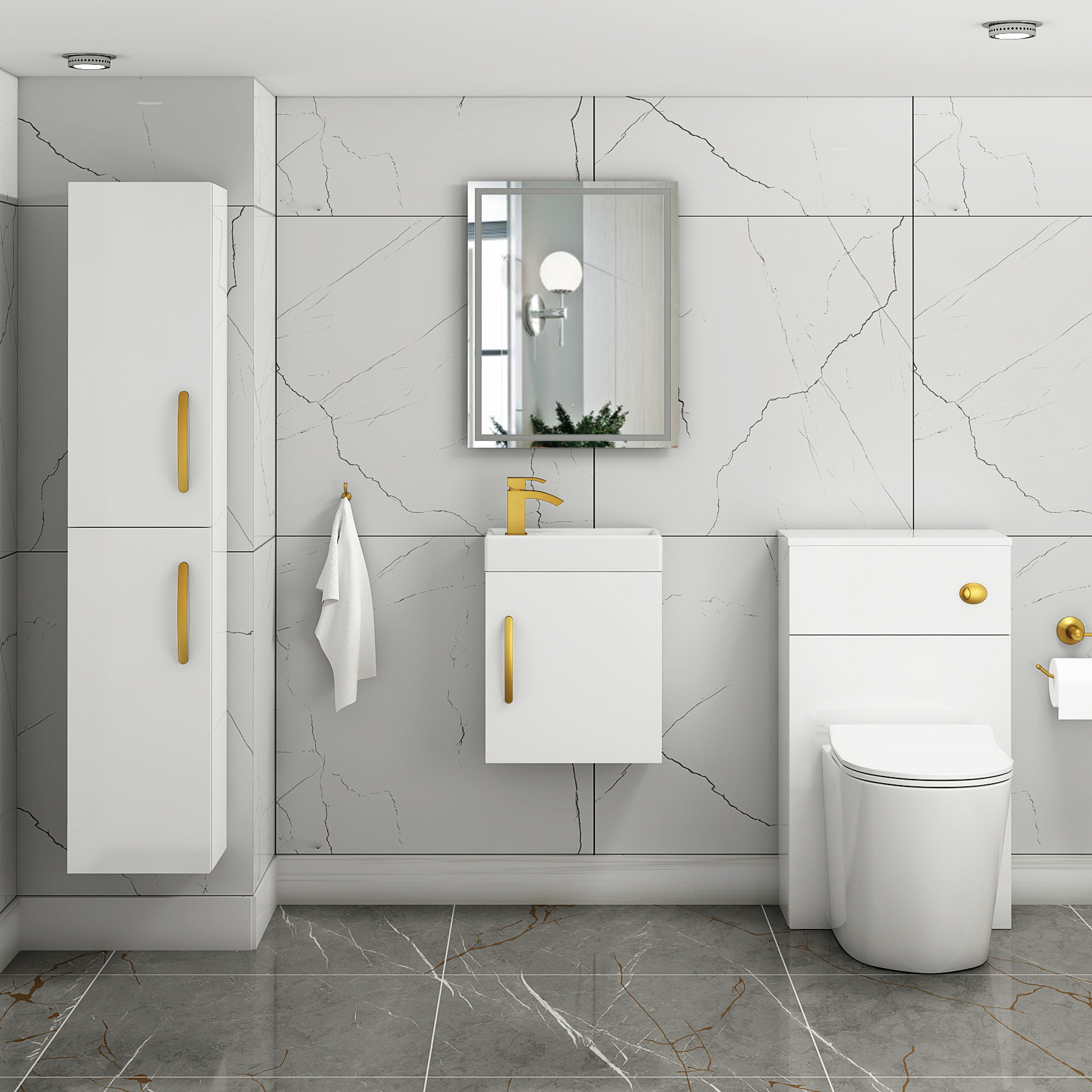 Como 400mm Cloakroom Vanity Basin Sink Unit Wall Hung Gloss White - 1 Door with Brushed Brass Handle