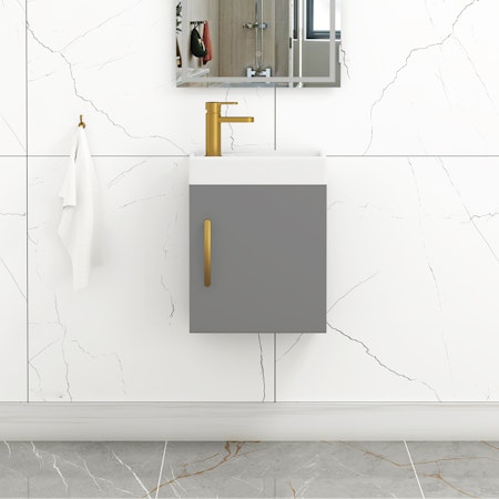 Como 400mm Wall Hung Vanity Sink Unit Indigo Grey Gloss - 1 Door Cloakroom with Brushed Brass Handle