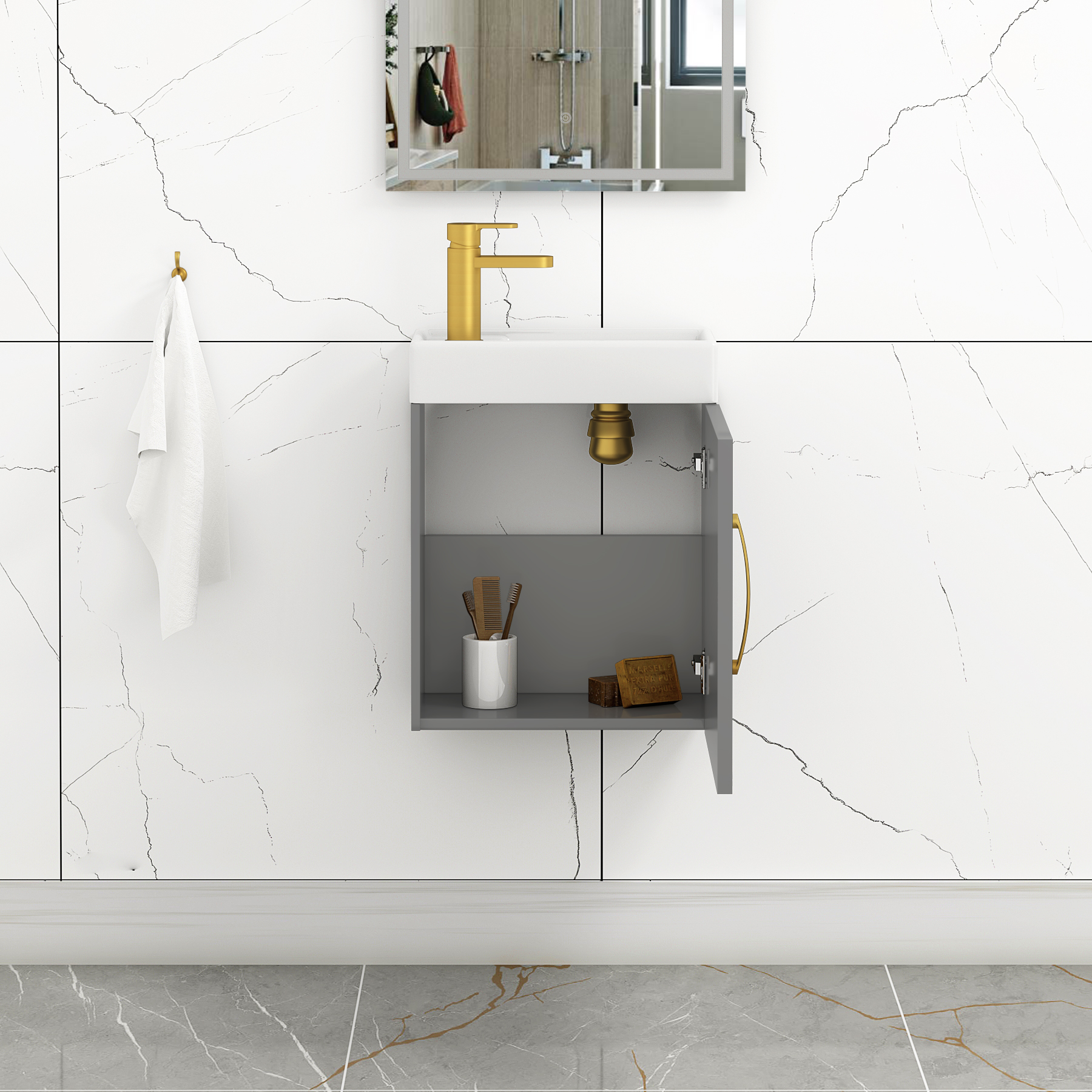 Como 400mm Wall Hung Vanity Sink Unit Indigo Grey Gloss - 1 Door Cloakroom with Brushed Brass Handle