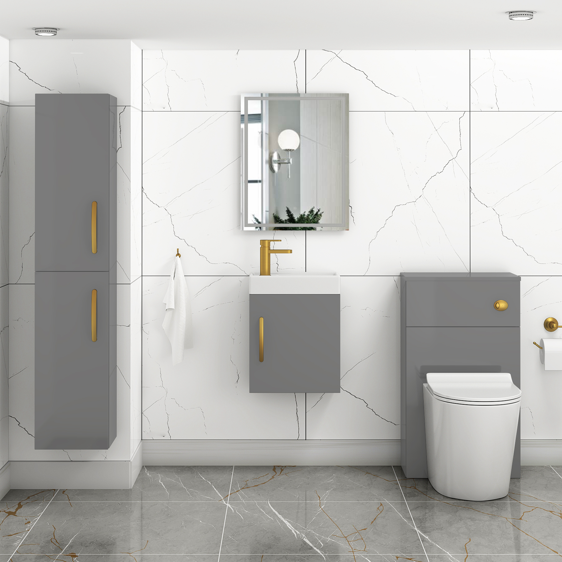 Como 400mm Wall Hung Vanity Sink Unit Indigo Grey Gloss - 1 Door Cloakroom with Brushed Brass Handle