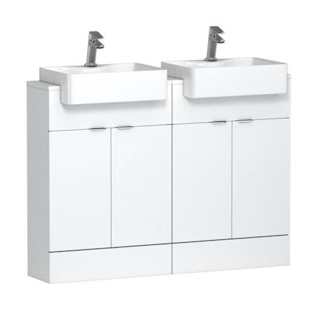 1200mm Floor Standing Vanity Sink Unit Gloss White 4 Door With Semi Recessed Double Basin - Elena