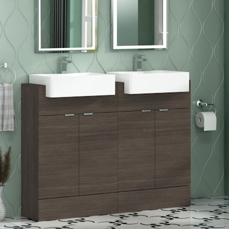 Elena 1200mm Floor Standing Vanity Sink Unit Grey Elm 4 Door With Semi Recessed Double Basin