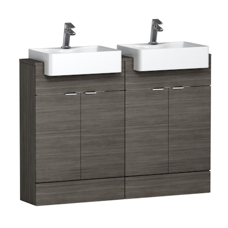 1200mm Floor Standing Vanity Sink Unit Grey Elm 4 Door With Semi Recessed Double Basin - Elena