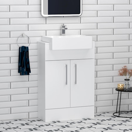 Elena 600mm Gloss White Floor Standing Vanity Unit with 2 Door Cabinet & Semi Recessed Basin