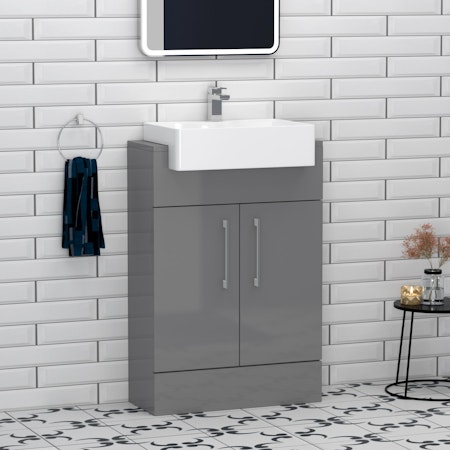 Elena 600mm Indigo Grey Gloss Floor Standing Vanity Unit with 2 Door Cabinet & Semi Recessed Basin