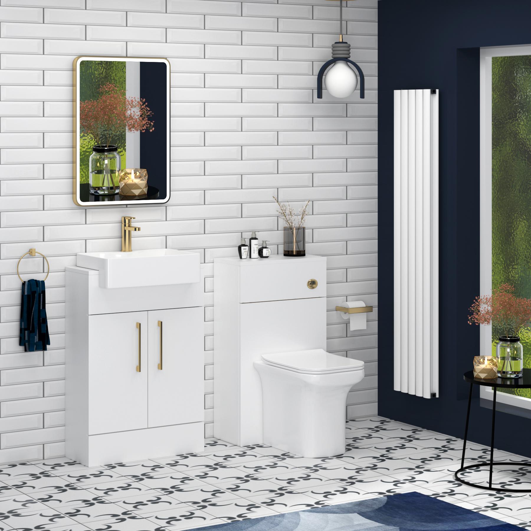 Elena 600mm Gloss White Floor Standing Vanity Unit with 2 Door Brushed Brass Handle & Semi Recessed Basin