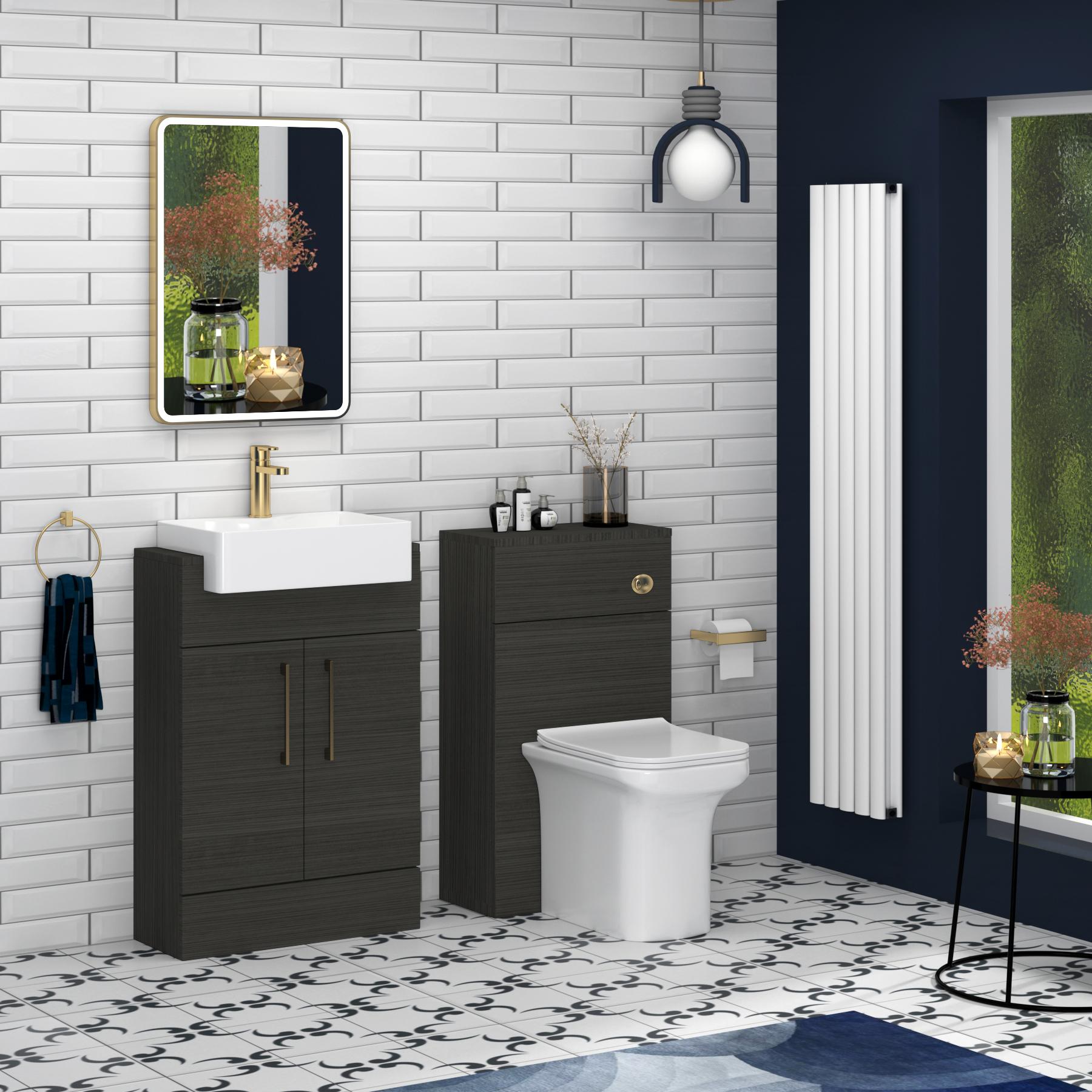 Elena 600mm Charcoal Oak Bathroom Floor Standing Vanity Unit with 2 Door Brushed Brass Handle & Semi Recessed Basin