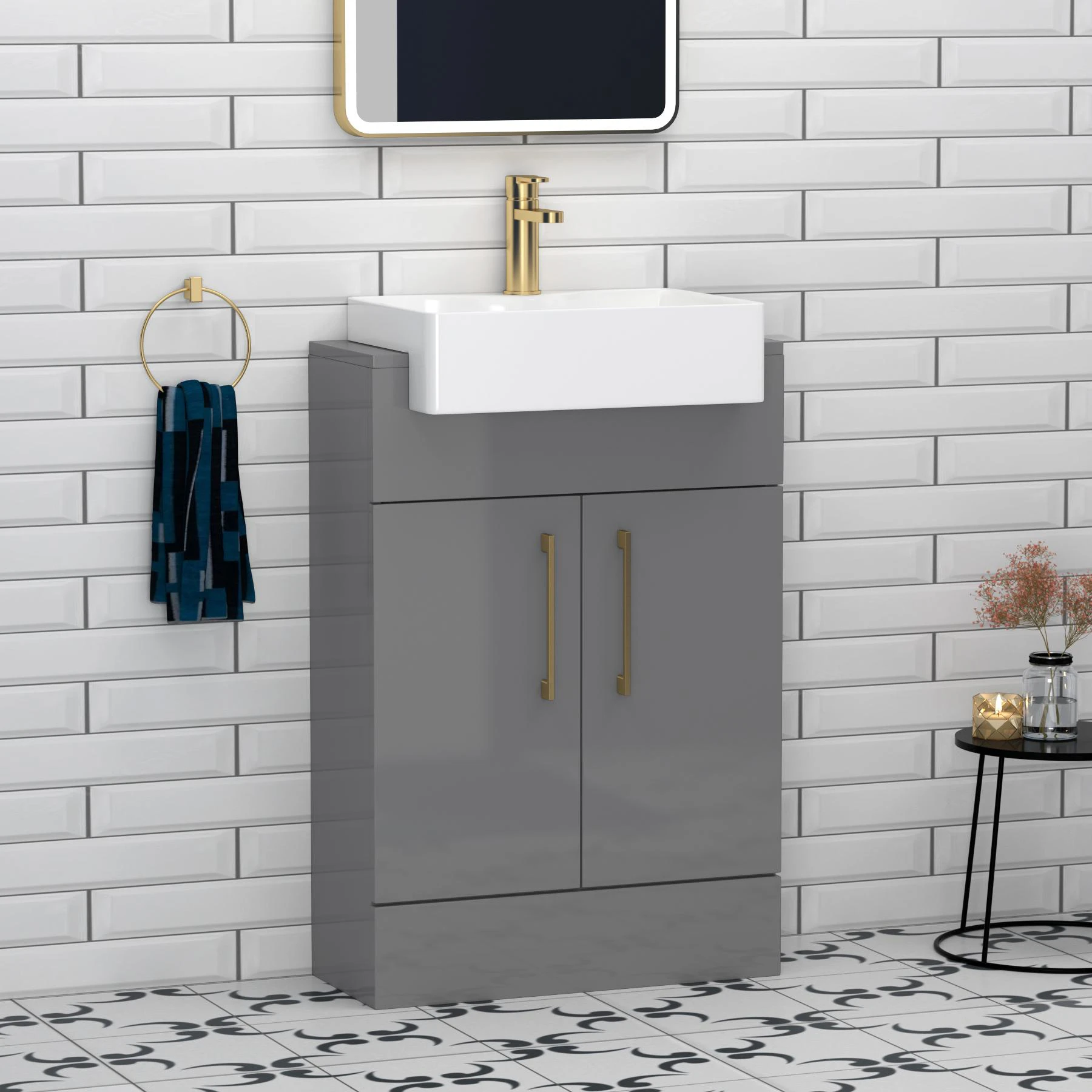 Elena 600mm Floor Standing Vanity Unit with 2 Door Gold Handle & Semi ...