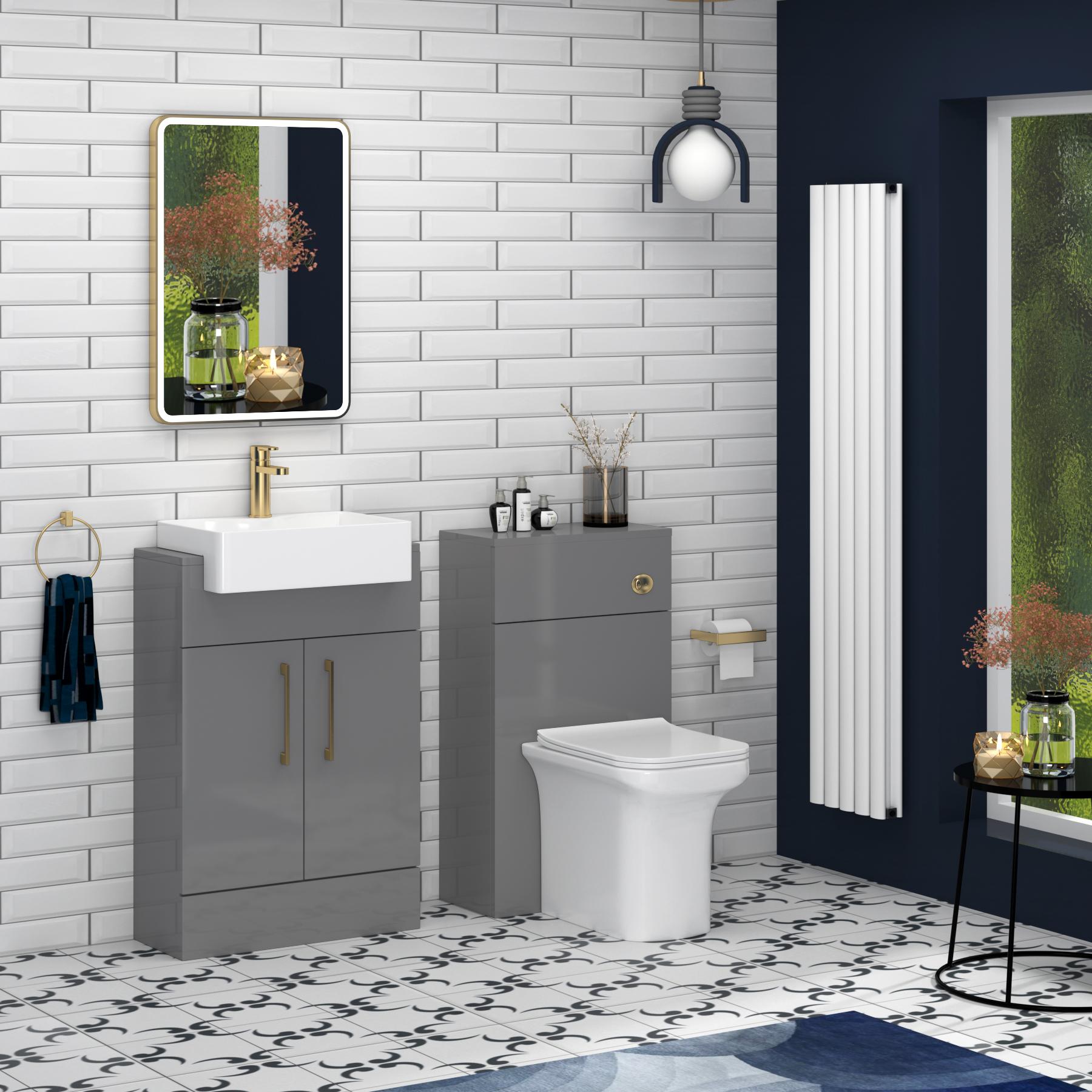 Elena 600mm Indigo Grey Gloss Floor Standing Vanity Unit with 2 Door Brushed Brass Handle & Semi Recessed Basin