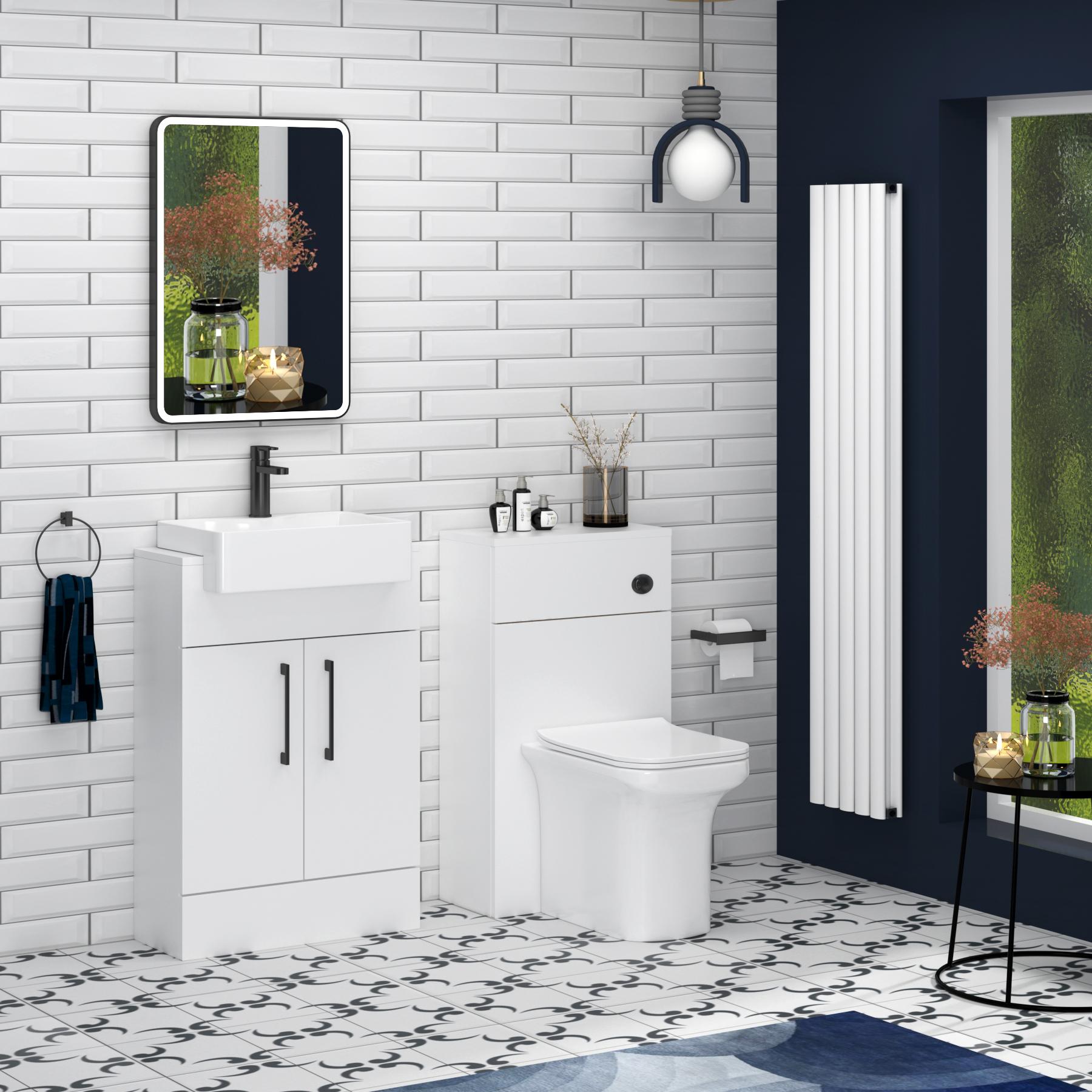 Elena 600mm Gloss White Floor Standing Vanity Unit with 2 Door Black Handle & Semi Recessed Basin